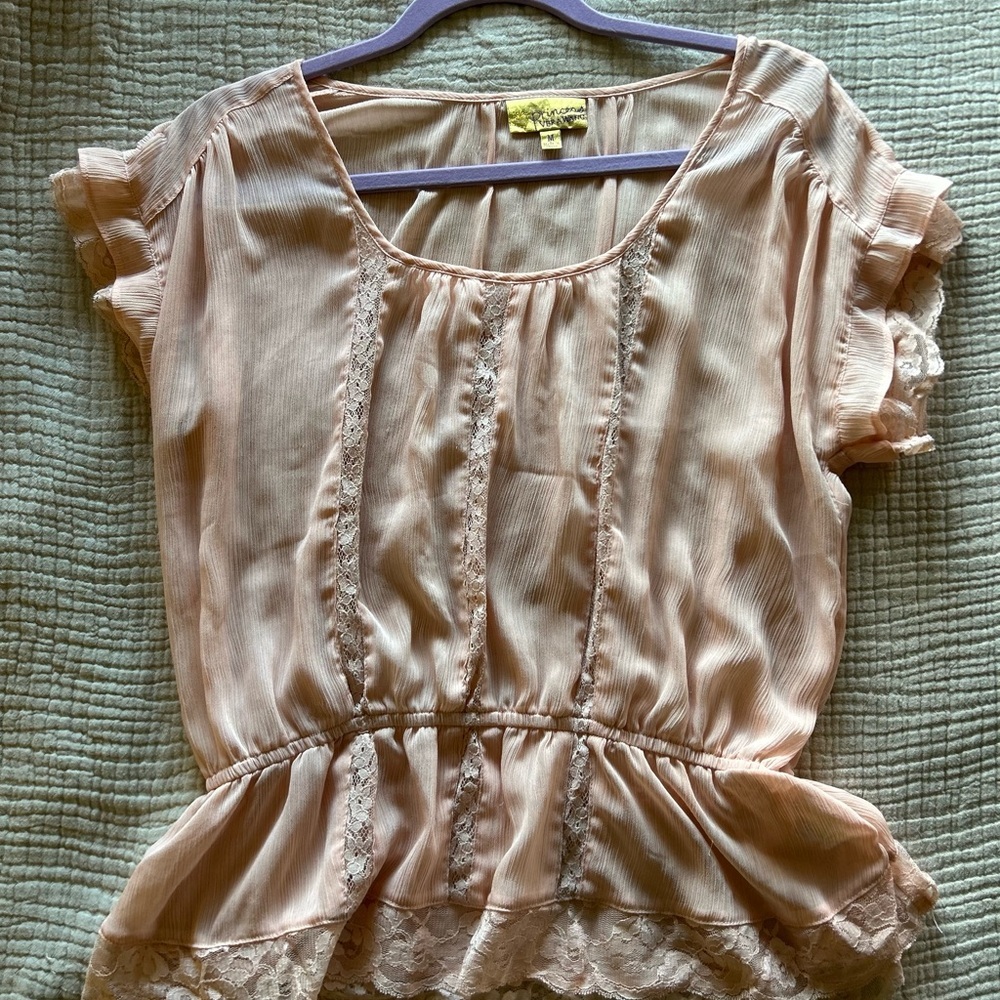 princess vera wang Blush Pink Lace-Trimmed Peplum Blouse